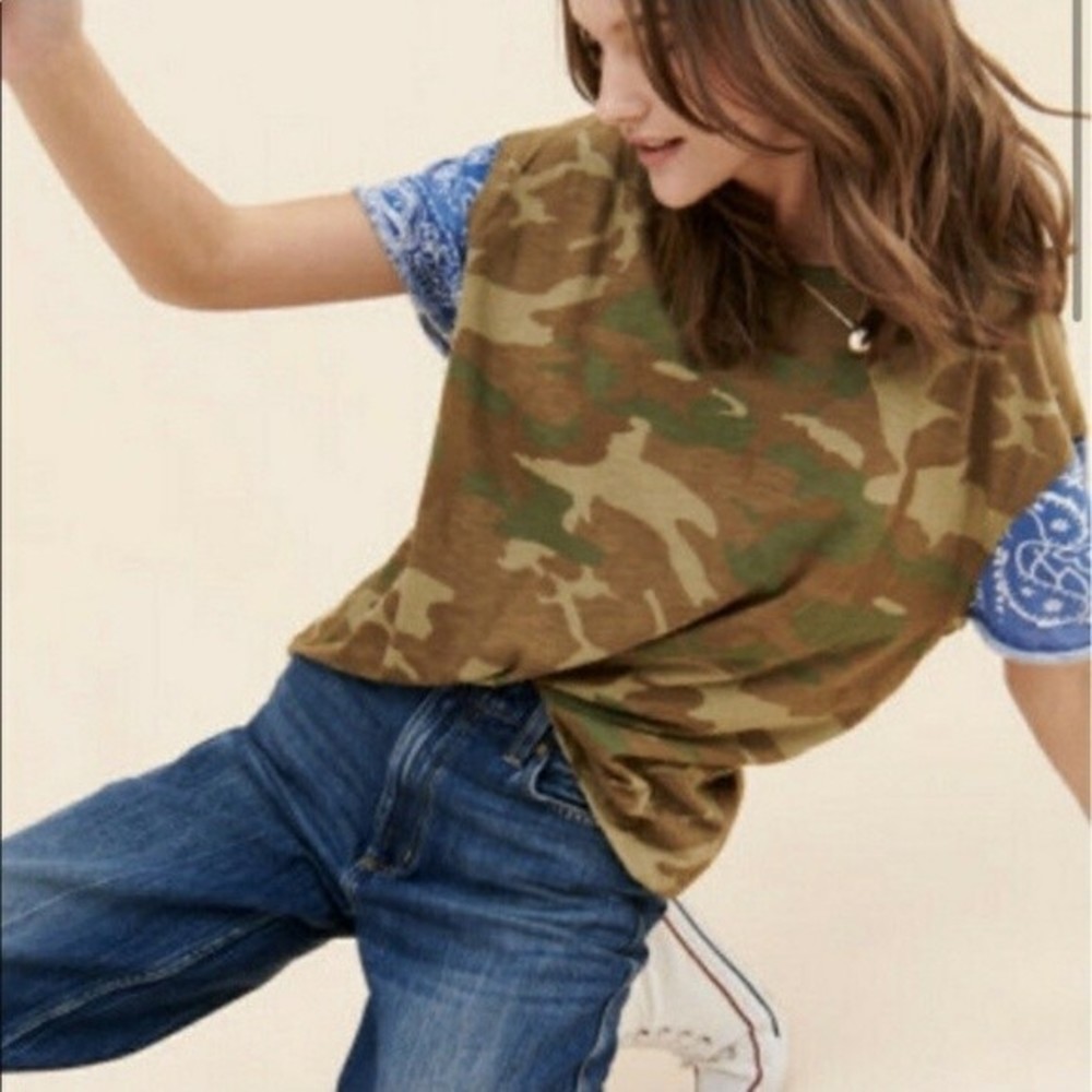 We The Free Camo Tee with Blue Bandana Sleeves - Olive, Blue, Brown